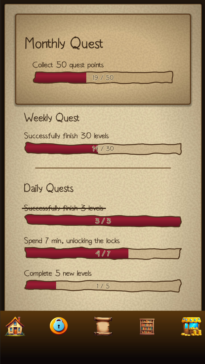 The quest board, showing daily, weekly and monthly goals and their progress.