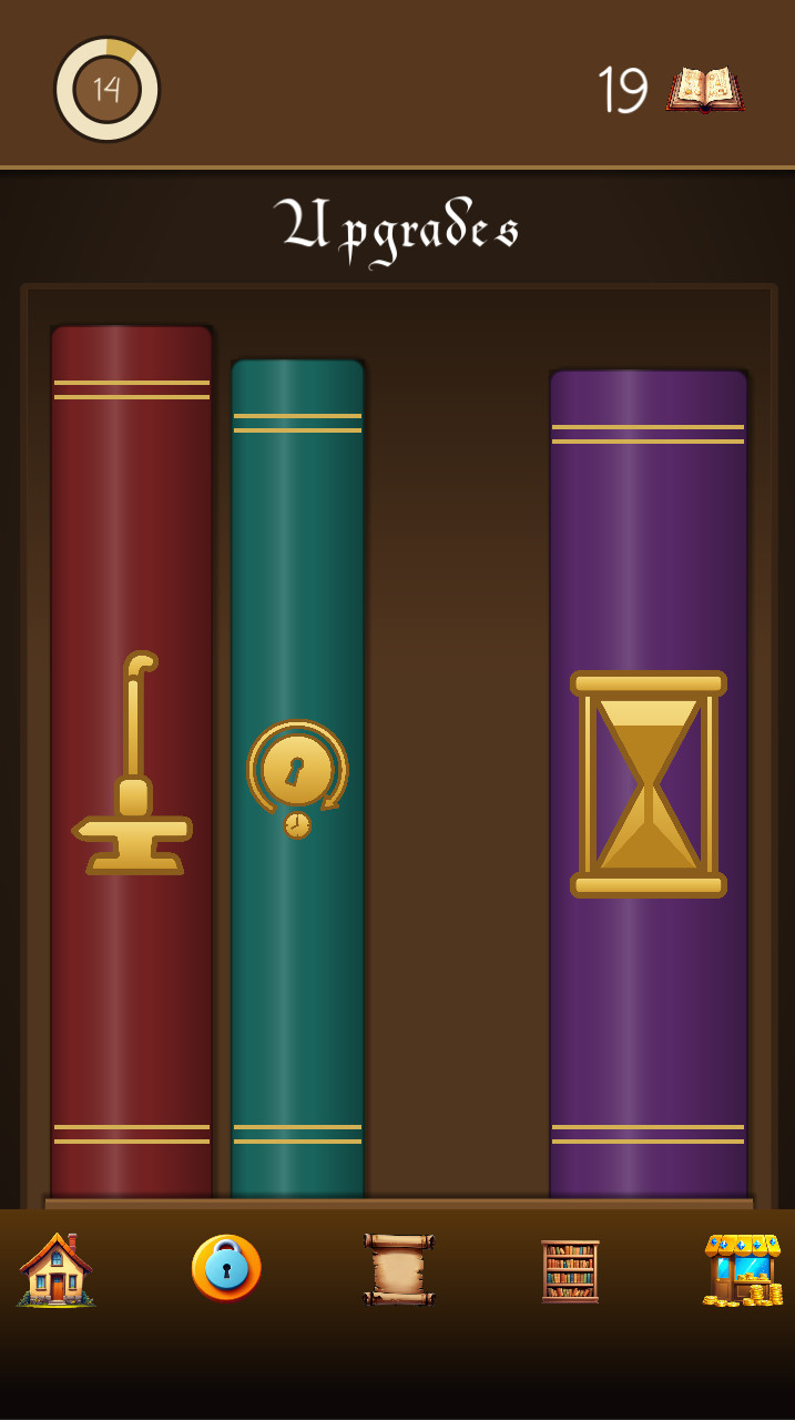 The upgrades screen with a book for each upgrade.